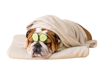 Sleeping bulldog wrapped in soft towel spa treatment with cucumber slices on eyes, isolated on a transparent background