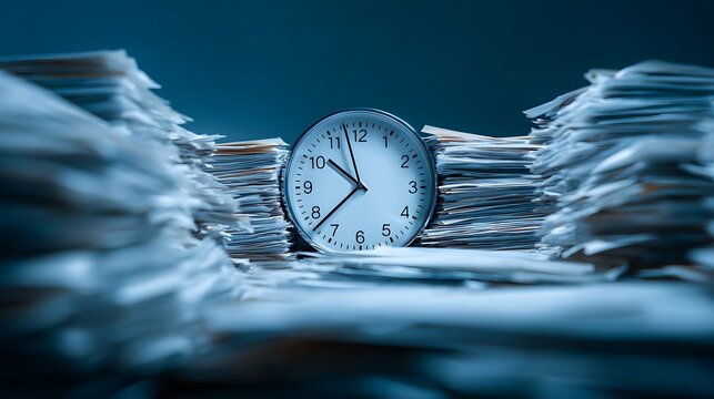 Analog clock between large stacks of documents symbolizing time management and heavy workload