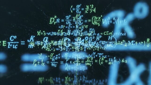 Glowing mathematical equation physics formula abstract code neon numbers scientific concept digital visualization blurred bokeh blue green light motion blur futuristic design with green mathematical