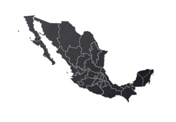 Mexico map with state borders outline in dark gray silhouette, isolated on a transparent background