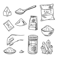 Drawn set of salt. Sketch of salt crystal, salt shaker, spoon with salt, pack of salt. Heap of fine salt. Vector illustration.