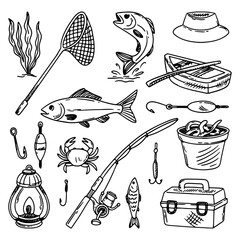 Vector set for fishing. Sketches of equipment for fishing. Boat, fishing rod, tackle, fish, bait, fishing tackle, floats