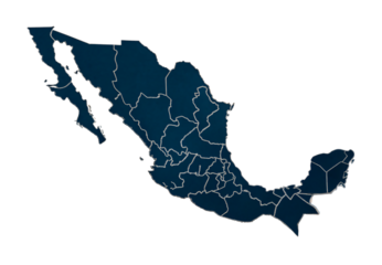 Mexico map with state borders in navy blue and teal gradient, isolated on a transparent background