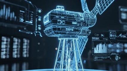 Futuristic wind turbine hologram with blue glowing wireframe tower and rotor, holographic wind turbine model dark control room with technical data overlay and digital control interface showing - Powered by Adobe