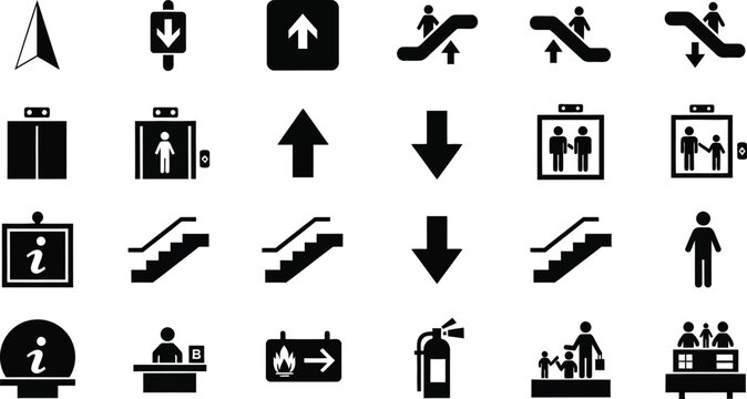Public space wayfinding glyph icon set. Vector pictograms for building navigation, info, and emergency. Escalator, elevator, stairs, fire extinguisher, food court signs.