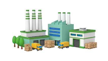 Cartoon Industrial Scene with Factories, Trucks, and Boxes