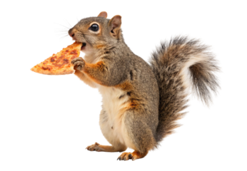 Squirrel holding and eating a slice of cheese pizza with fluffy tail, isolated on a transparent background