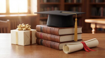 Celebrating academic achievements graduation cap on books and diploma library setting still life inspirational theme