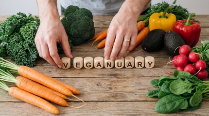 Hand arranging fresh vegetables for veganuary celebration kitchen culinary art natural setting close-up healthy lifestyle