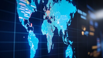 Digital World Map Display Blue Tones with Data Visualization, Global, Data