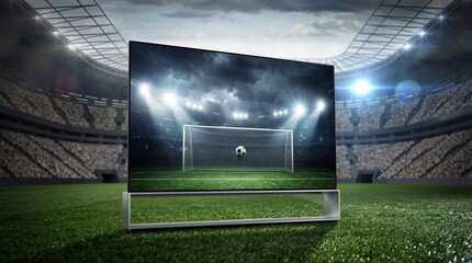 Exciting soccer match broadcast on modern flat screen tv stadium sports event evening atmosphere wide angle view