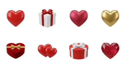 Valentine's day 3D heart and gift set including red, gold, matte, glossy, faceted ruby, and wrapped boxes isolated. Romantic holiday and celebration elements.