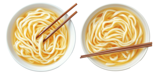 Japanese udon noodles served in light broth, top view and isolated on white background, representing Japanese cuisine
