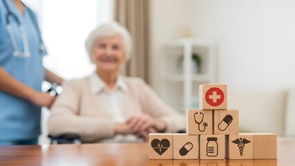 A blurred image of an elderly woman in a wheelchair with a caregiver, foregrounded by wooden blocks featuring various medical and healthcare icons.