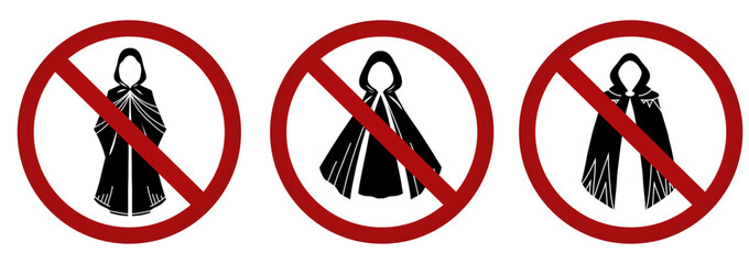 Vector set of prohibition signs with black silhouette of clothing. No capes allowed. No anonymity allowed. No entry for magicians.