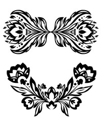 Vector set of tracery monochrome folk art flowers frames. Collection of black geometric floral divider.