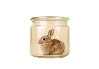 Brown rabbit bunny sitting inside short clear glass jar container, isolated on a transparent background