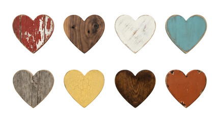 Obraz premium Wooden heart set including rustic, painted, distressed, and natural grain textures. Decorative symbols for love, valentines, and wedding themes.
