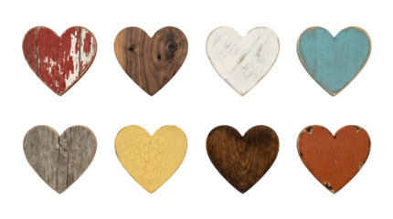 Wooden heart set including rustic, painted, distressed, and natural grain textures. Decorative symbols for love, valentines, and wedding themes.