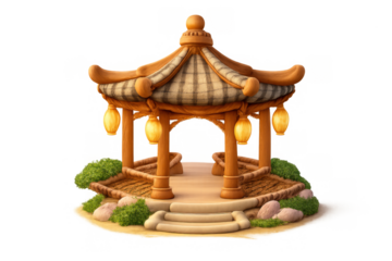 Elegant chinese pavilion with lanterns and greenery for cultural design and decoration