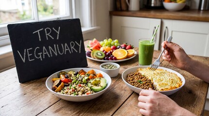 Healthy eating challenge try veganuary in your kitchen delicious plant-based meals vibrant home environment inspiring wellness concept