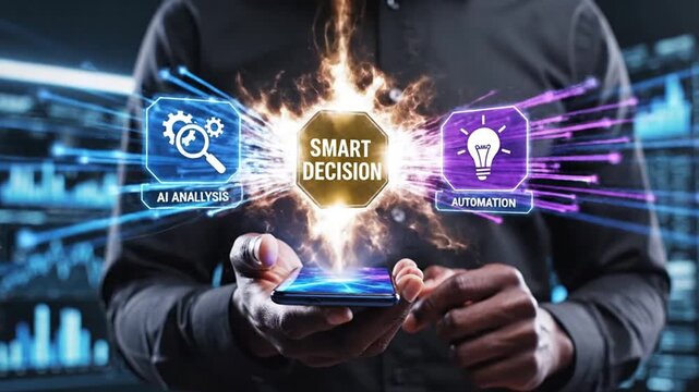 Businessman utilizing advanced AI analysis and automation tools on a mobile device for intelligent insights, strategic decision-making, and enhanced business performance, driving digital...