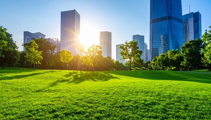 Fototapeta premium A cityscape featuring green lawns and skyscrapers under a clear sky