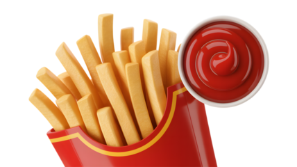Delicious crispy golden french fries served with a perfect swirl of rich red dipping ketchup on transparent background