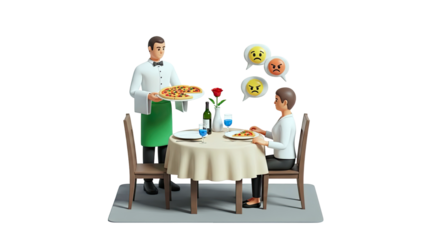 Unhappy Customer Receiving Pizza from Waiter