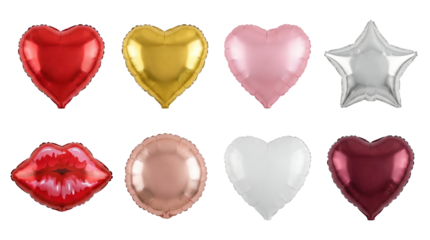 Mylar foil balloon set including heart, star, round, and lips shapes in metallic colors isolated. Party decoration and celebration collection.