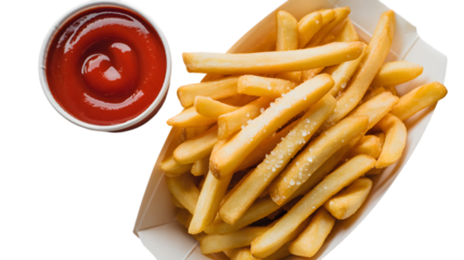 Crispy golden french fries sprinkled with coarse salt served with a side of vibrant red dipping ketchup on transparent background