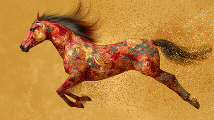 A vibrant illustration of a fiery horse galloping energetically, creating a dynamic image of power and freedom.