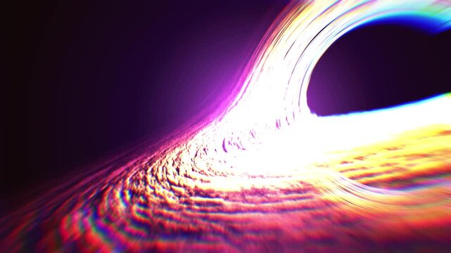 Black hole with lensing effect and accretion disk. Black hole animation reveals visually stunning accretion disk in space. Suitable for educational materials, science documentaries.