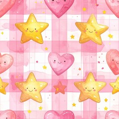 Yellow Stars and Pink Hearts on Pink Gingham Watercolor Background