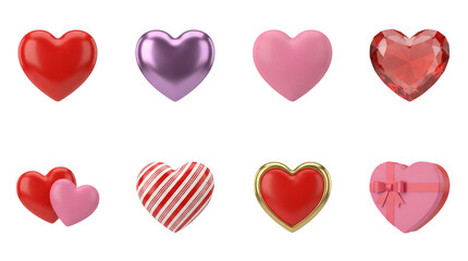 Heart shape collection including red, pink, metallic purple, ruby gemstone, candy striped, and gift box styles isolated. Valentine and romantic symbols set.