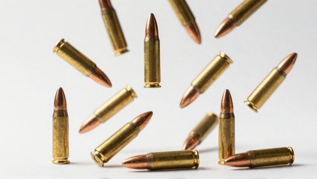 Falling bullets in midair against white background