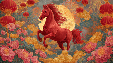 A majestic red horse in a vibrant, festive scene, symbol of strength and prosperity against the backdrop of auspicious lanterns, capturing the spirit of celebration.