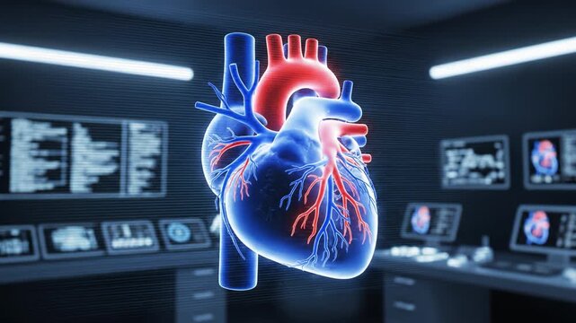 Detailed 3D medical illustration of human heart with highlighted coronary artery and vein network clinical laboratory visualization realistic human heart with coronary arteries and veins highlighted