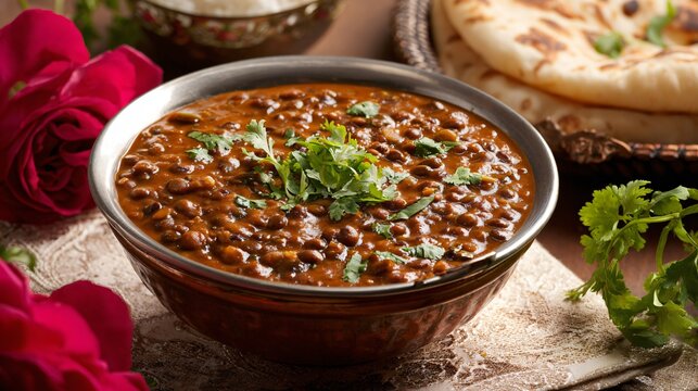 Indian dal makhani refined into elegant restaurant bowl, warm neutral backdrop