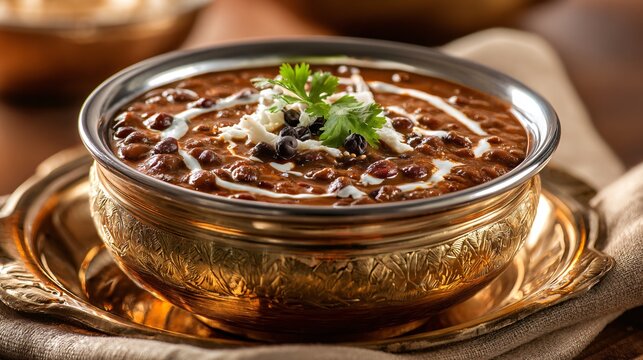 Indian dal makhani refined into elegant restaurant bowl, warm neutral backdrop
