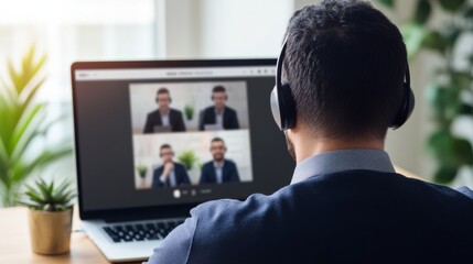 Man on Video Call with Colleagues,Headphones, Laptop,work from home ,remote work