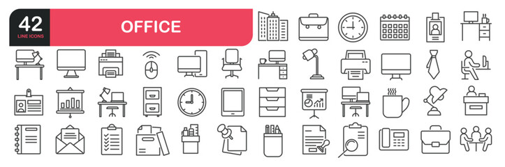 Set of line icons related to office, meeting, co-worker, workspace, desk, computer, business. Outline icons collection. Editable stroke. Vector illustration