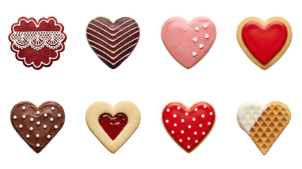 Heart shaped cookies set including frosted, chocolate, jam filled, and waffle textures isolated. Valentines day and romantic dessert collection.