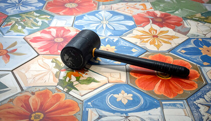 Black rubber mallet resting on colorful hexagonal tile floor with floral and geometric patterns, construction scene.