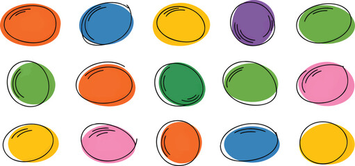Bold brush drawn ellipses and bubbles, handdrawn marker emphasis elements for highlighting text, doodle style geometric round outline shapes