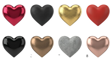 Fototapeta premium Heart shape set including metallic, matte, golden, stone, and glossy finishes isolated. Romantic and decorative material collection.