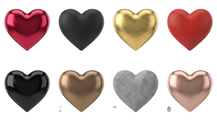 Heart shape set including metallic, matte, golden, stone, and glossy finishes isolated. Romantic and decorative material collection.