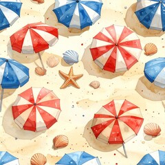 Red and White Beach Umbrellas and Blue and White Beach Umbrellas on Gingham Watercolor Background