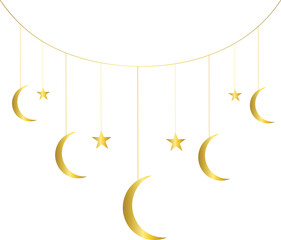 Golden crecent moon with stars hanging on transparent background for Ramadan, eid, mubarak greetings card, poster, banner design © mahbub studio