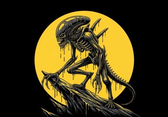 Creepy alien creature with elongated head and tentacles standing on a branch against a yellow moon background